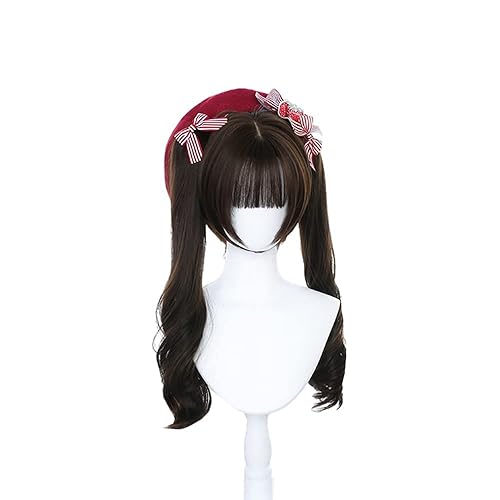 osseoca Style Brown Wavy Long Double Ponytail Synthetic Hair Lifelike Daily Sweet Lolita Japanese Hot Princess Cosplay Party Natural Female Wigs with Bangs (FEI-1256) - FEI-1256