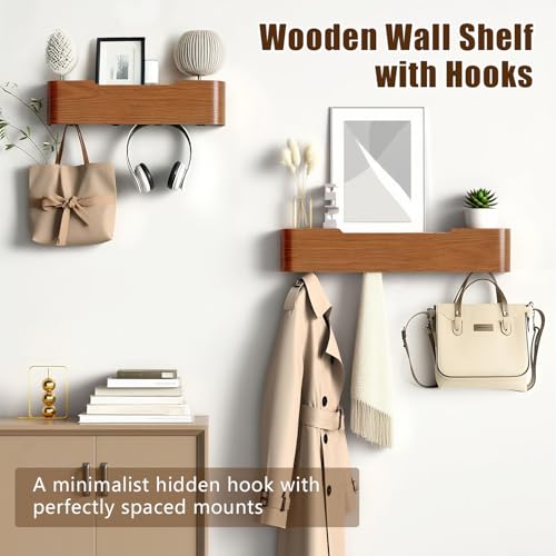 Nevsokio Coat Rack Wall Mount with Hidden Hooks, Wall Hooks with Shelf, Wall Key Holder Mount Wooden Shelf Entryway Hooks for Bedroom Bathroom for Hanging Coats Hats Bags Towels (Walnut, 5 Hooks) by Nevsokio - Used condition - Image 7
