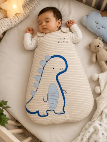 Image of TuddyBuddy Baby Cotton Wearable Quilted Sleeping Bag Blanket 1.5 Tog with 1 Way Zipper Closure | Ideal for Babies & Kids Hypoallergenic Fabrics | (Beige Sripes Dino, 12-18 Months)