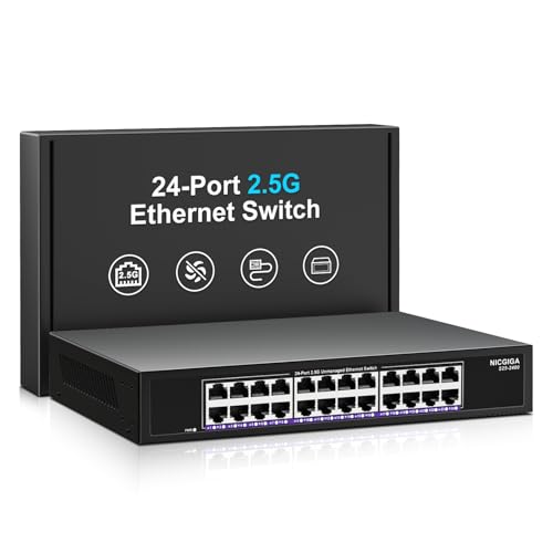 Image of 24 Port 2.5Gb Ethernet Switch Unmanaged, NICGIGA 24 Port 2.5G Network Switch, Plug & Play, Desktop or 19-inch Rack Mount, Fanless Metal Design.