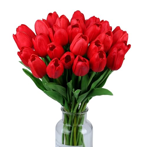 Wekuw 15 Piezas Tulipanes Flores Artificiales Decoracion Ramo de Flores Naturales a Domicilio Artificiales Realistas Tulipanes Real Touch para la decoración de la Boda del Partido(Rojo)