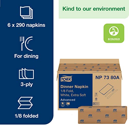 Tork Extra Soft White Dinner Napkin, 1/8 Fold 3-Ply, 17" X 16.1", 6 X 290 Napkins, Np7380A #TOP2