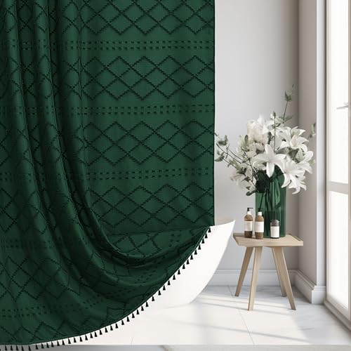 Siiluminisoy Dark Green Boho Shower Curtain Woven Fabric Cute Shower Curtain, 72 x 72 Tufted Chevron Textured Striped Modern Farmhouse Minimalist Cloth Shower Curtains for Bathroom