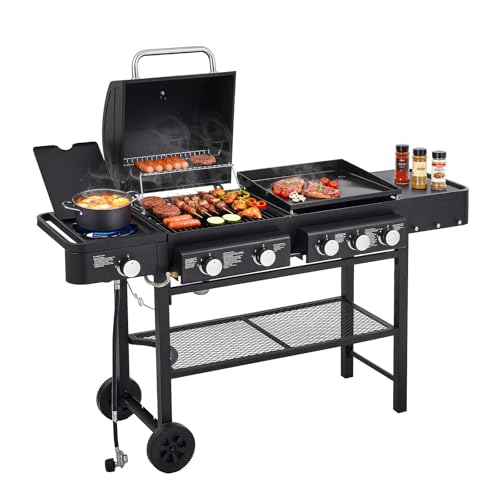 Unovivy 5-Burner Propane Gas Grill and Griddle Combo with Side Burner, BBQ Grills with Built-in Thermometer, 56,000 BTU Barbecue Grill, Oil Tray, Outdoor Patio Garden