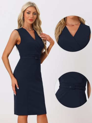 Image of Allegra K Sheath Dress for Women's Wrap V Neck Business Office Belt Sleeveless Pencil Dress