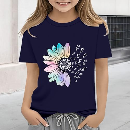Girls Loose Fit Sunflower Graphic T Shirts Short Sleeve Crewneck Cute Pattern Printed Tops (A-Dark Blue, 10-11 Years)3