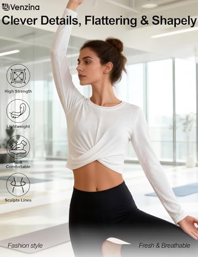 Image of Venzina Womens Textured Crop Top with Tummy Control & Mesh Back Cross Front Yoga Shirt Four-Way Stretch, Quick-Dry Workout Top for Gym, Running, Fitness-White - L
