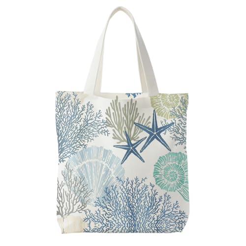 Likjad Blue Beach Tote Bag, Blue Coastal Coral Seashell Starfish Canvas Tote Bags for Women, Beach Themed Gifts for Lover Women, Reusable Grocery Shopping Bags