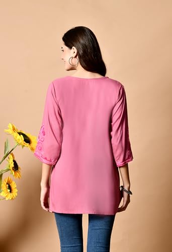 Image of LIBOZA Embroidered Kashmiri Tunic Top, Short Kurti for Women on Jeans, V-Neck, 3 /4 Sleeve, Floral Design,