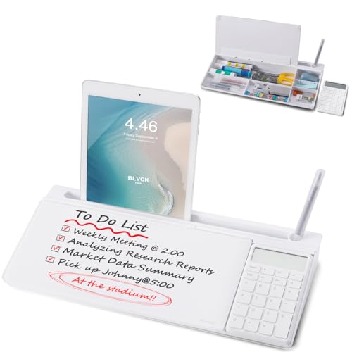 Image of Small Glass Desktop Whiteboard Dry-Erase-Board - Computer Keyboard Stand with Calculator White Board Surface Pad with Drawer, Desk Organizers with Accessories for Office, Home, School Supplies - White