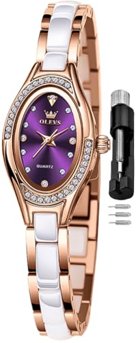Image of OLEVS Women's Quartz Watches - Elegant Oval Diamond Dress Watch with Ceramic Band, 30M Waterproof Ladies Wrist Watch for Dress & Casual Wear (Rose Gold Blue /Red /Purple /White)