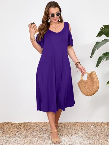 Image of LARACE Plus Size Women Dress for Summer, Midi Women's Sundress, Casual V-Neck Short Sleeve Flowy T-Shirt Dresses with Pockets