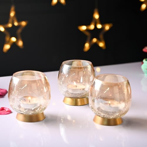 Image of Market99 T-Lite Holder Set of 3 | Iron & Glass Votive Candle Holders | Round Transparent T-Light Holders | Decorative Home, Diwali, Christmas, Wedding & Festive Tabletop Decor