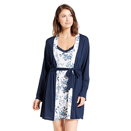 kathy ireland Womens Floral Print Long Sleeve Belted Robe Nightgown Pajama Set Outer Space Medium