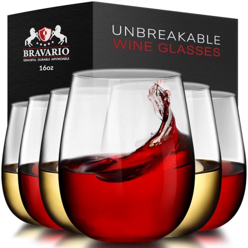 Image of Bravario Unbreakable Stemless Plastic Wine Glasses | Reusable | Shatterproof 100% Tritan Plastic | Dishwasher-Safe | BPA-free | Awesome for Indoor & Outdoor | 16 oz, Set of 6