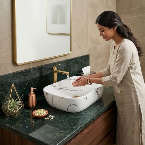 Image of Ceramic Tabletop Wash Basin - Glossy Rectangular Countertop Vessel Sink with Marble Finish for Bathroom & Vanity | Compact 18 x 13 x 5 Inch | Elegant Washbasin