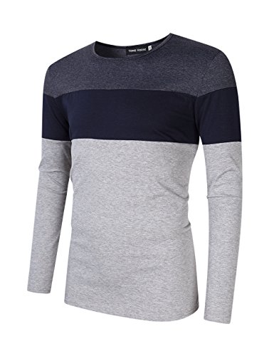 Yong Horse Men's Casual Stitching Tops Shirts Slim Fit Crew Neck Long Sleeve Basic Cotton T-Shirt XL Grey and Blue