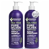 Tea Tree Purple Shampoo & Conditioner Set with Rosemary & Aloe, Professional Anti Brass Toner, Removes Yellow Tones for Gray, Bleached, White & Blonde Hair, Refreshes Scalp, Sulfate-Free