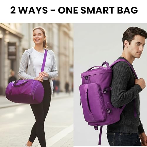 Image of POPCUBE 2in1 Nylon 26cm Lightweight Waterproof Backpack Duffle Bag with Shoulder Straps, Small Rucksack Travel Bag for Men & Women with Wet Pocket & Shoe Compartment(45x26x26cm) (Purple)