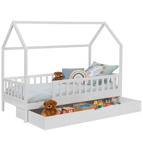 IDMarket – Cama cabaña infantil 80 x 160 cm, color blanco con 1 cajón nido y almacenamiento