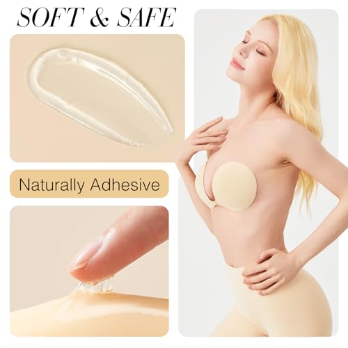 2025 Push Up Sticky Bra, 2 Pack Reusable Adhesive Invisible Strapless Backless Silicone Bra with 4 Nipple Covers4