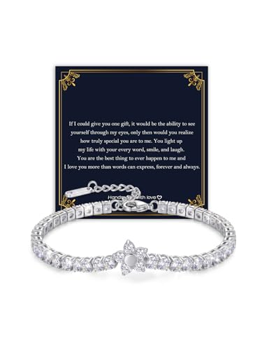 Image of RoseJeopal Bracelets for Womens, Stainless Steel Tennis Bracelet, Adjustable Womens Silver Bracelet, Flower Shape Sparkling Cubic Zirconia with Cards Jewellery Birthday Gifts