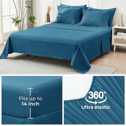 Image of HYMOKEGE Teal Full Size Comforter Sets Seersucker 7 Pieces, All Season Luxury Bed in a Bag for Bedroom, Bedding Set with Comforters, Sheets, Pillowcases & Shams