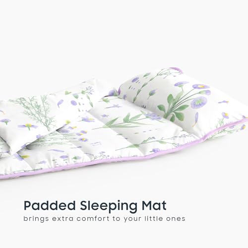 Image of Wake In Cloud - Toddler Nap Mat with Pillow and Blanket, 100% Cotton Fabric, for Kids Girls Ages 3 Plus in Daycare Kindergarten Preschool, Sleeping Bag, Botanical Flowers