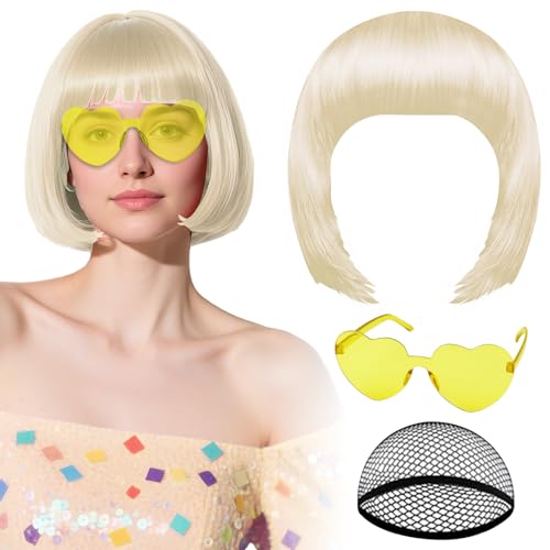 PLULON Blonde Bob Wig with Heart Sunglasses Hair Cap Neon Colored Party Wig