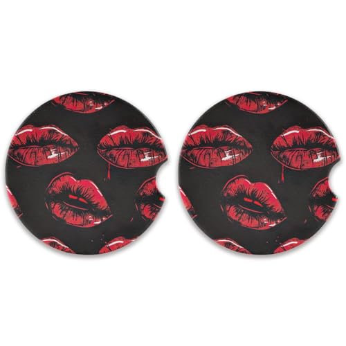 SKYSHU Juego de 2 posavasos redondos para coche con diseño de labios rojos, soporte absorbente de cerámica con base de corcho y agarre para la punta de los dedos para una fácil limpieza en movimiento