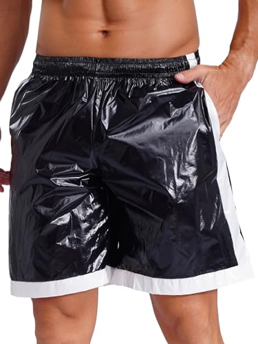 Men's Faux Leather Contrast Stripe Waterproof Beach Shorts with Pockets Swimwear