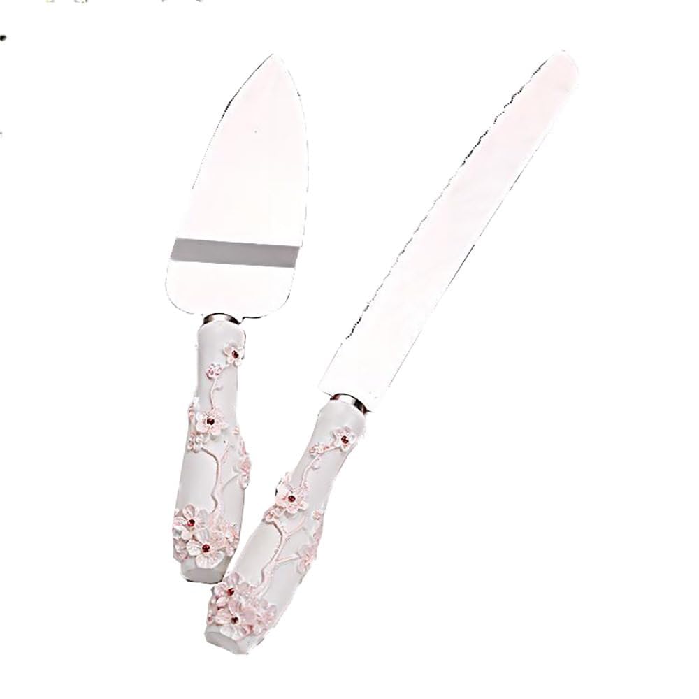 Wedding Cake Knife Shovel Server Set Silverware Stainless Steel Resin Handle Wedding Party Thanksgiving Christmas (Pink Flower)