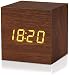 Topacom Wooden Digital Alarm Clock Cube Little Clock, LED Table Clock USB/Battery Powered for Heavy Sleepers, Kids, Bedrooms with Adjustable Brightness Voice Control, Brown