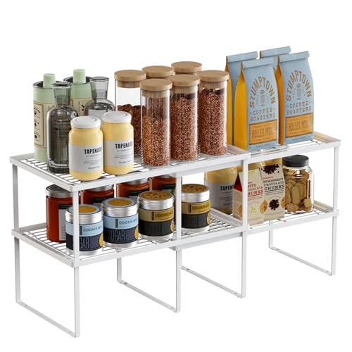 LANEJOY Metal Cabinet Shelves Organizer, Set of 4 Kitchen Counter Shelves, Stackable and Expandable Storage Racks for Cabinet Counter Pantry, White, 17″ L x 10″ D x 6.3″ H