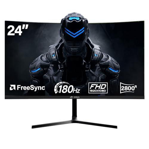 CRUA 24 inch 180hz Curved Gaming Monitor，FHD 1080P Frameless Computer Monitor，Support AMD freesync Low Motion Blur, Eye Care, VESA, DisplayPort, HDMI, Black