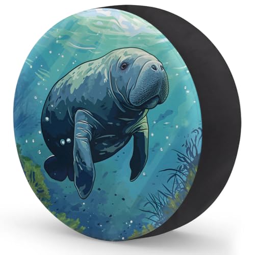 Image of Spare Tire Cover for RV Trailer, Animals Manatee Tire Covers Universal Fit for Travel Trailer Camper Jeep RV SUV Truck Waterproof Wheel Cover (14 inch for Diameter 25 inch - 27 inch),A-316