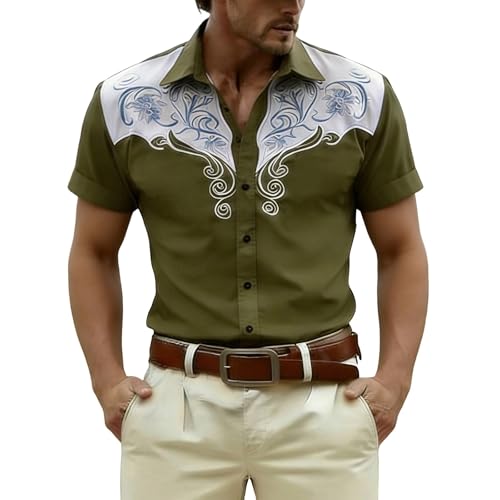 Camisa Informal de Manga Corta Estampada con Temática Vaquera Medieval y Botones para HombreEstilo Refinado sin Esfuerzo Aparente