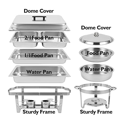 Restlrious Chafing Dish Buffet Set 6 Pks, Stainless Steel 5Qt Round & 8Qt Rectangle Foldable Chafers & Buffet Warmers Set, W/Full & Half Size Food Pan, Water Pan, Fuel Holder & Lid For Catering Event #TOP2