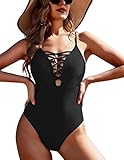 Ekouaer Womens One Piece Swimsuit Sexy Hollow Out V Neck Cross Back Monokini (66-Solid Black, S)