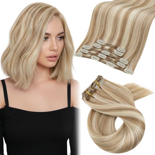 Image of Moresoo Blonde Hair Extensions Clip in Human Hair Remy Short Clip in Human Hair Extensions Medium Brown with Blonde Double Weft 5pcs 80g 10inch