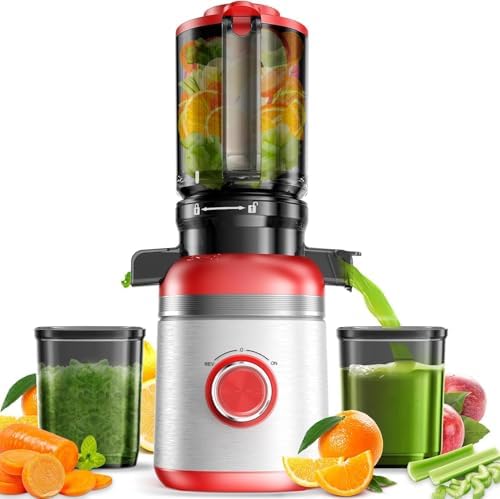 Image of Cold Press Juicer Machines with Wide Feed Chute, Slow Masticating Juicer Maker for Whole Vegetables & Fruits, High Juice Yield, Easy to Clean, Large Auger Extractor, Red