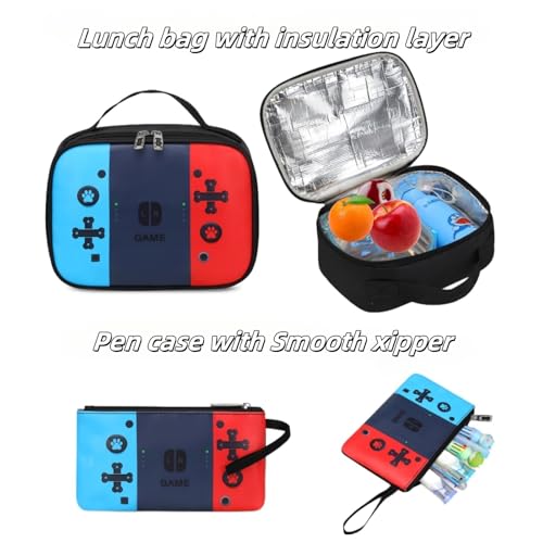 Gamer Backpack Set for Boys 4-12 - School Backpack for Boys,17 Inch 3-in-1 with Lunch Box & Pencil Case, Adj. Straps, Multi Compartment Video Game Backpack (Red)3