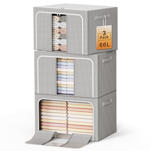 Image of Clothes Storage Bins with Metal Frame Foldable Storage Box Clothes Organizers Storage Containers for Clothes Sheets Blankets Books Toys Gifts and Holiday Decorations (66Lx3 Pack)