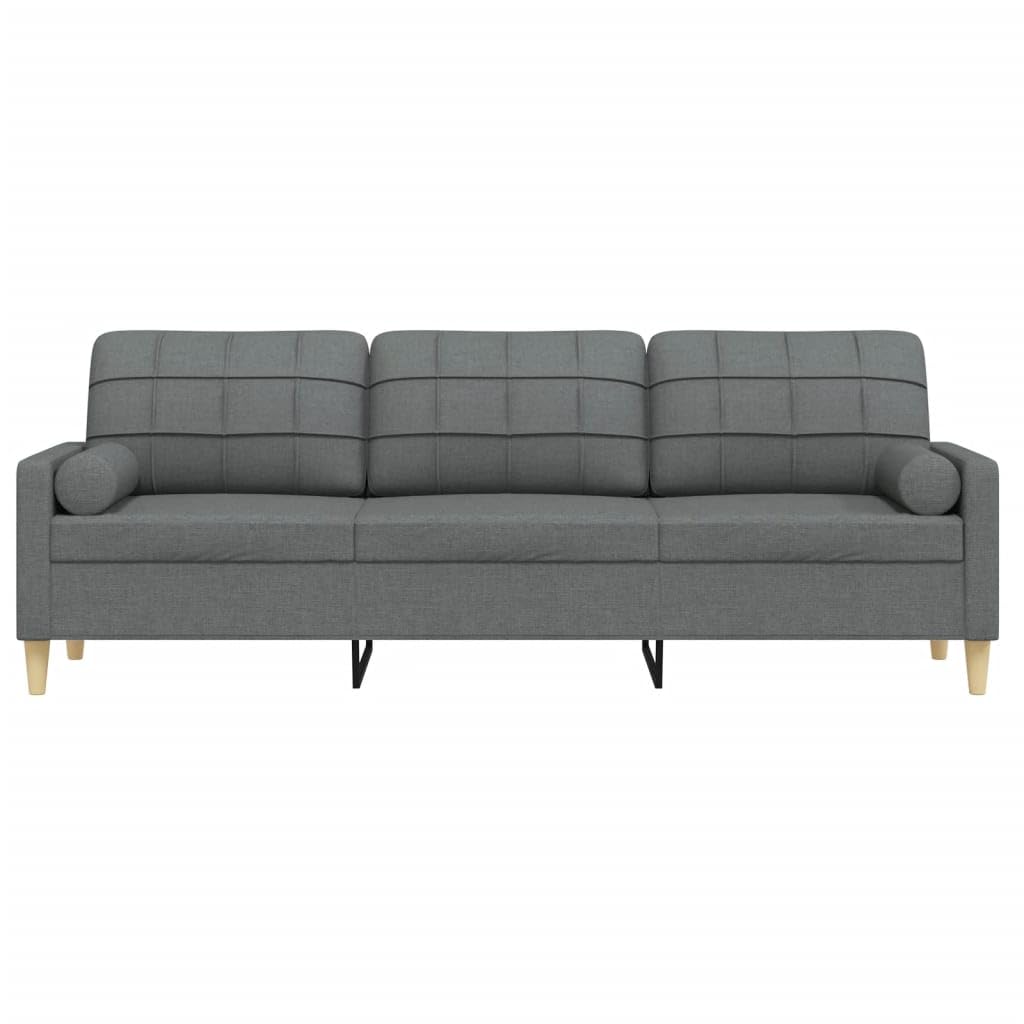 Sofa 3-osobowa, ciemnoszara, 210 cm materiał, z 2 poduszkami ozdobnymi, metalowy stelaż, wytrzymały poliester, wygodna tapicerka do salonu, nowoczesne wzornictwo