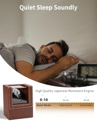 Image of Watch Winder for Automatic Watches: Automatic Single Watch Winder Box | Japanese Quiet Motor, Anti-Magnetic Design, USB-C or Battery Power, Adjustable Pillow, Brown PU Leather, Gift for Men