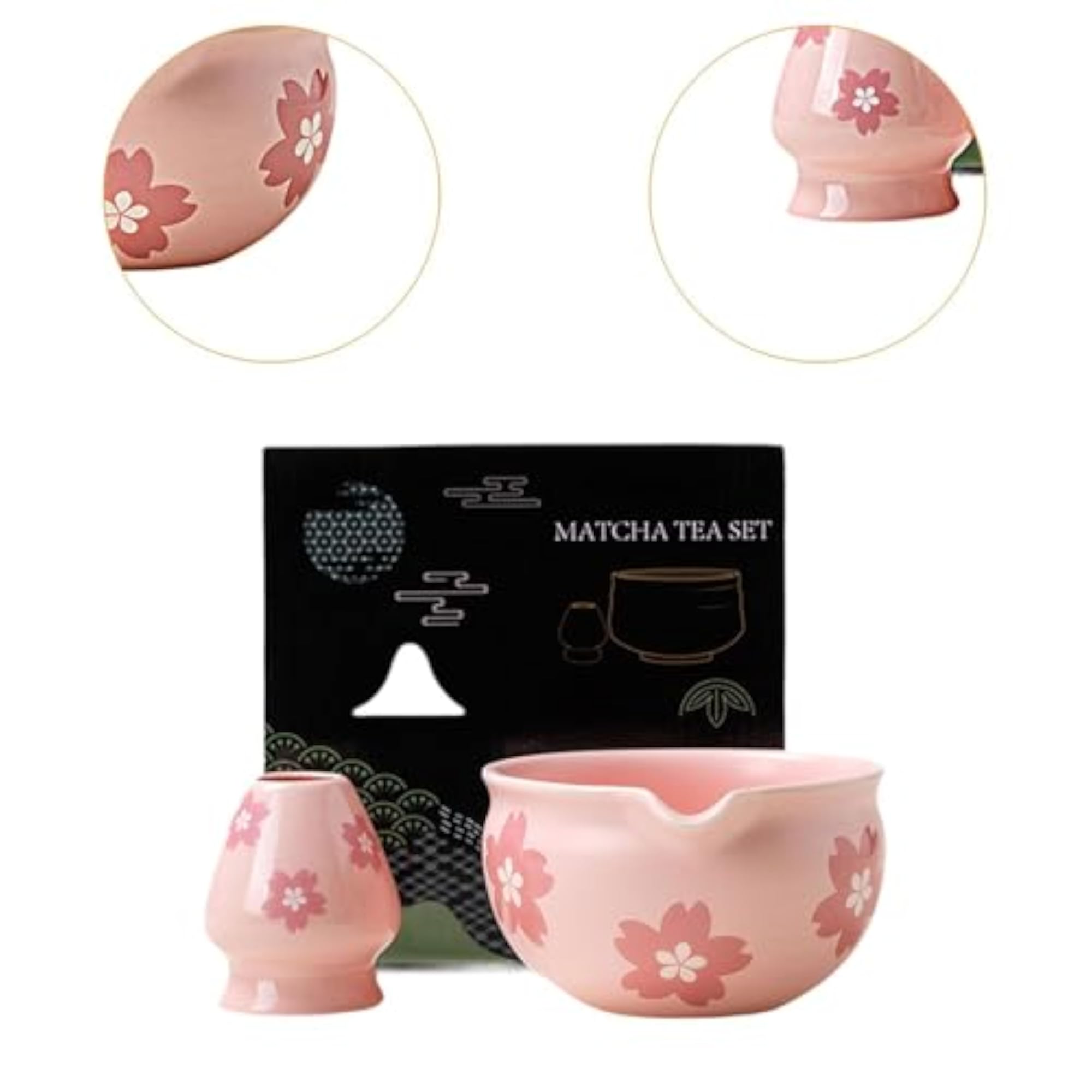2 Pieces Ceramic Matcha Bowl Set with Whisk Holder, C