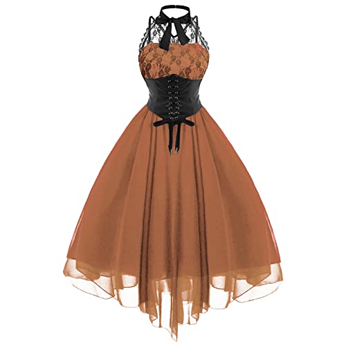EMATOP Cocktailkleid Damen Ärmelloses Gothic Korsett Kleid Festlich Halloween Kostüm Elegant Spitze Partykleid Vintage Mittelalter Kleider Hohe...
