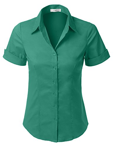 LE3NO Womens Tailored Short Sleeve Button Down Shirt With Stretch  emeraldgreen Medium