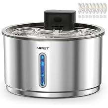 NPET Wireless Cat Fountain Stainless Steel, 1 Gallon/135oz Battery Operated Automatic Pet Drinking Fountain - Cordless Dog Water Dispenser with 8 Replacement Filters for Cats and Dogs Indoor