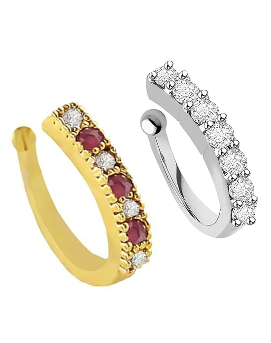 Art Gold Tone Studded American Diamonds Stone Designer Sania Mirza Nose Ring/Studs Nose Pin/Ring For Women/Girls (Combo of 2)-image-5